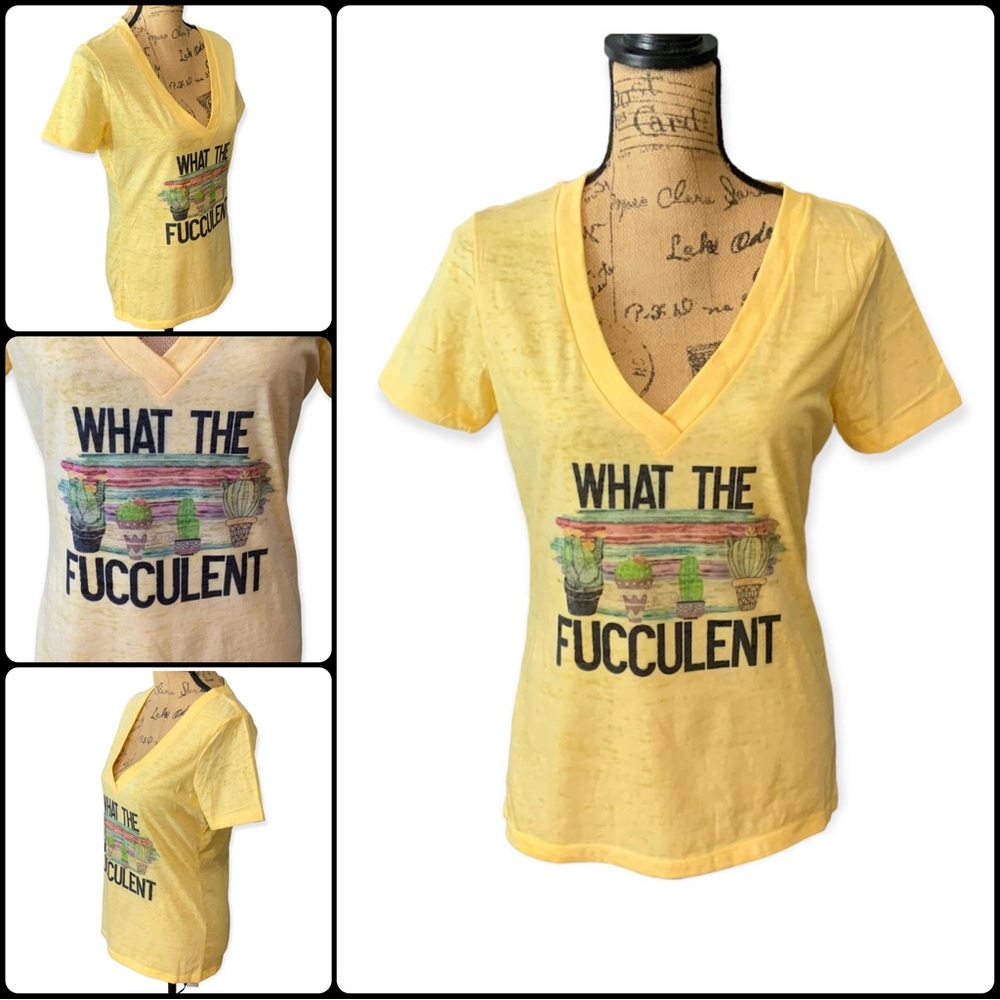 What The Fucculent Yellow V Neck Graphic Tee Shirt Size XL